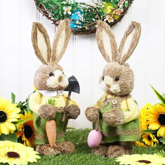 Juvale 2-Pack Standing Straw Woven Easter Bunny Figurines, 12-Inch Decorative Sisal Rabbit Statues for Party and Home Spring Decor, Garden Easter Decorations for Table Settings Brown {3}