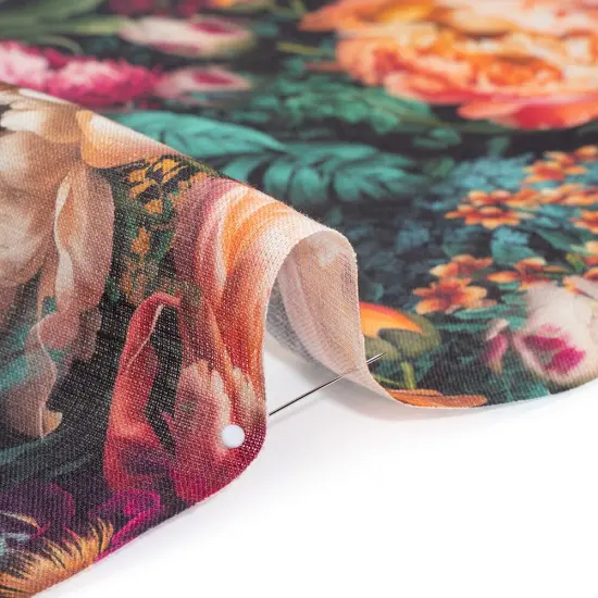 1 Yard Red Violet Peach Dark Green Linen Fabric Medium Weight Mythical Garden 58 inch Width {2}