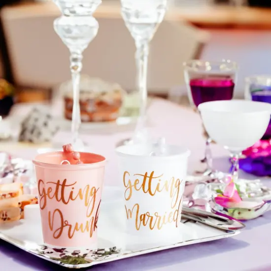 Sparkle and Bash Set of 12 Beaded Bachelorette Shot Glass Necklaces for Bridal Shower, White Bride Cup and Pink Bridesmaids Glasses, Gold Foil Design {3}