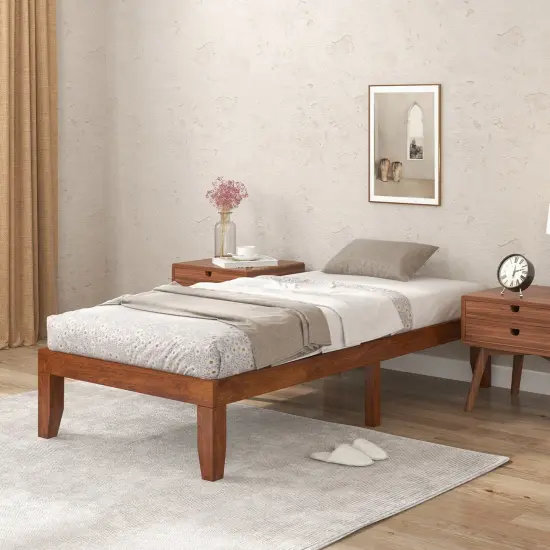 Solid Wood Twin Platform Bed with Storage Space Sturdy Frame and Noise-free Design Walnut {5}