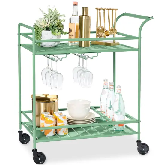 Best Choice Products 2-Tier Rolling Bar Cart Indoor/Outdoor w/ Storage Shelves, Wine Rack, Lockable Wheels Sage {1}