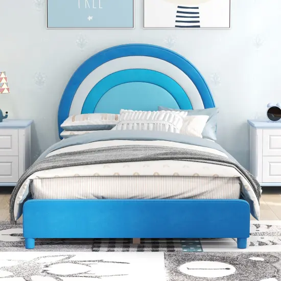 Velvet Kids Twin Bed with Adjustable Headboard Sturdy Wooden Frame and Soft Upholstery Blue {3}