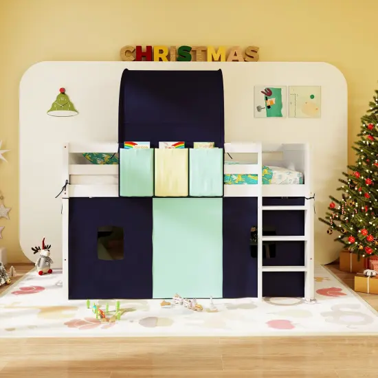 Twin Size Playhouse Loft Bed Frame with Tower Tent and 3 Storage Pockets for Kids Navy {2}