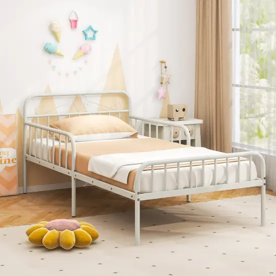 Twin Size Metal Bed Frame with Headboard Included Safety Side Guardrails White {1}