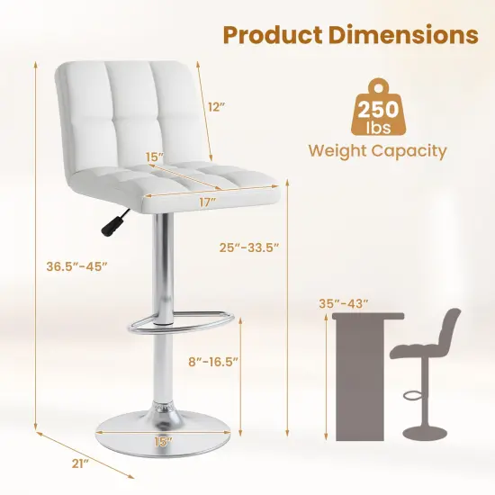 Modern Bar Stools Set of 2 with Back Support, Heavy-Duty Metal Base, Footrest, and Adjustable Height White {5}