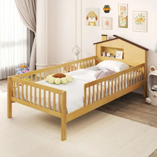 Wood Montessori Twin Bed with House-shaped Headboard, Guardrails, Built-in Storage Shelf Natural {2}