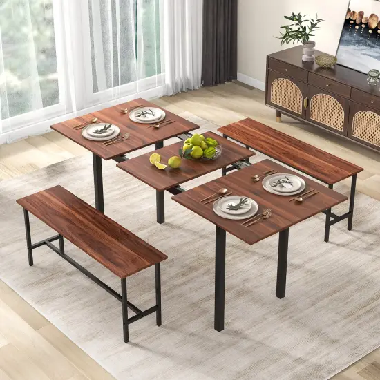 Modern Wooden 3 Piece Dining Table Set for 4-6 with 2 Benches &ndash; Sturdy, Space-Saving Design Walnut {3}