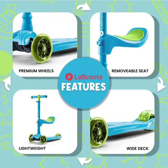 LaScoota 2-in-1 Kids Kick Scooter, Adjustable Height Handlebars and Removable Seat, 3 LED Lighted Wheels and Anti-Slip Deck for Boys & Girls Aged 3-14 & up to 100 Lbs. Gift-Ready Mini Scooter Toddler Blue {3}