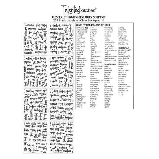 Talented Kitchen 224 Closet Labels for Bins and Baskets, Preprinted Black Script Stickers for Organization and Storage (Water Resistant) {5}