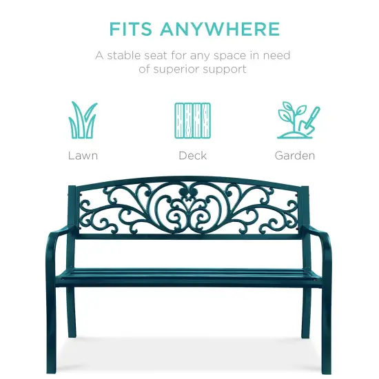 Best Choice Products Outdoor Steel Bench Garden Patio Porch Furniture w/ Floral Design Backrest Peacock Blue {3}