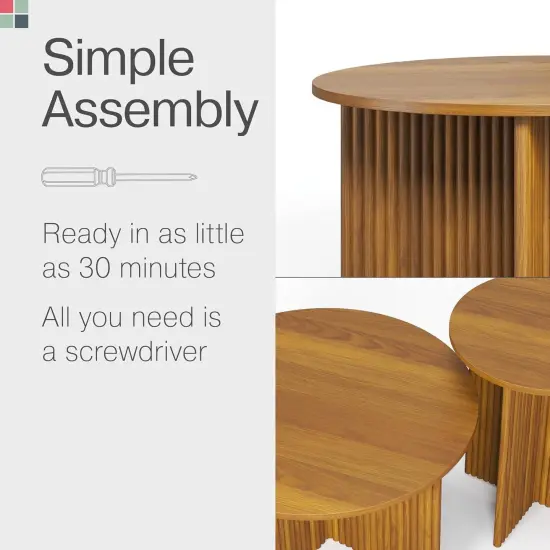 Stead Round Fluted Nesting Coffee Tables, 2 Piece Coffee Table Set, Modern Coffee Table for Living Room, Modern Home Decor, Solid Wood Base and Wood Grain Veneer Top (Medium Oak) {6}