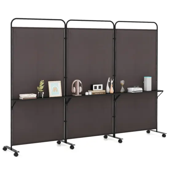 3-Panel Folding Room Divider with 3 Metal Shelves and Lockable Wheels Brown {3}