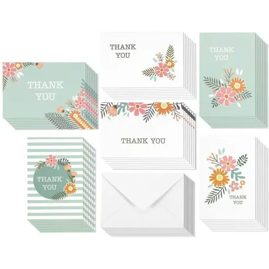 48-Count Thank You Cards with Envelopes, Blank Thank You Greeting Notes Notecards Bulk Box Set, 6 Floral Designs for Baby and Bridal Showers Wedding Birthday, Green and White, 4 x 6 inches {5}