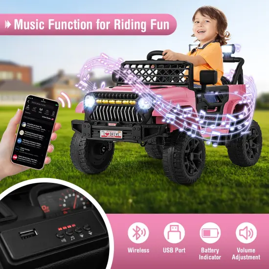 12V Ride-On Truck Car for Kids with Parental Remote, Music Player, and LED Lights Pink {5}