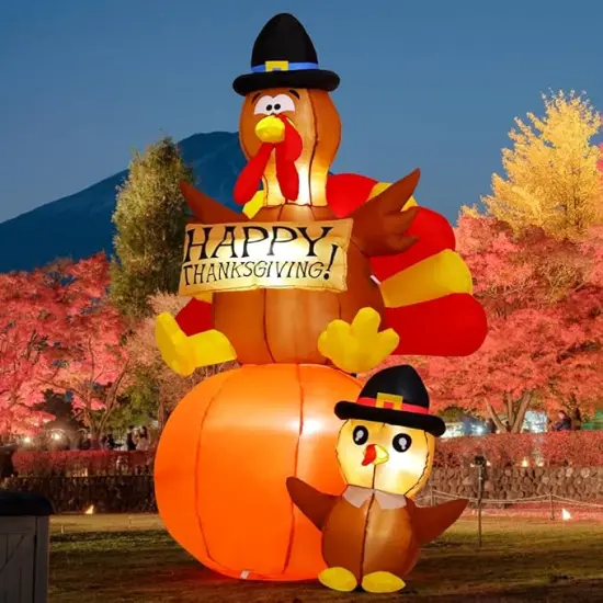 GOOSH 6 FT Thanksgiving Inflatables Turkey Blow Up Yard Turkey on Pumpkin with Turkey Baby with Built-in LEDs {2}