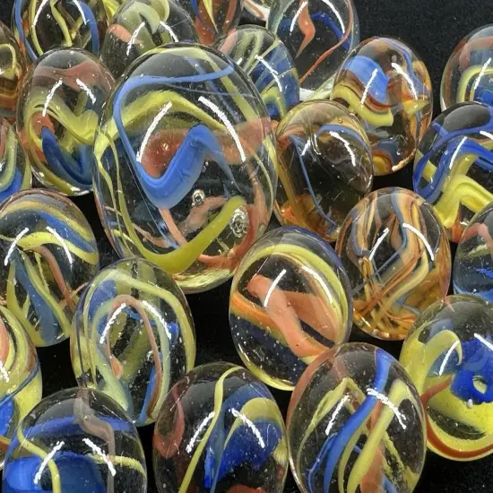 25 Glass Marbles ATOM Red/Yellow/Blue Streamer Fiesta game Shooter {5}