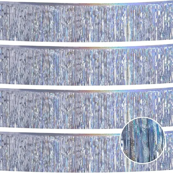 Laser Silver Christmas Decorations Tinsel Garland Parade Float Decorations for Trailer 4Pack 12FT Christmas Party Decor Ceiling Fringe Banner Silver Backdrop for Streamers Party Decorations {1}