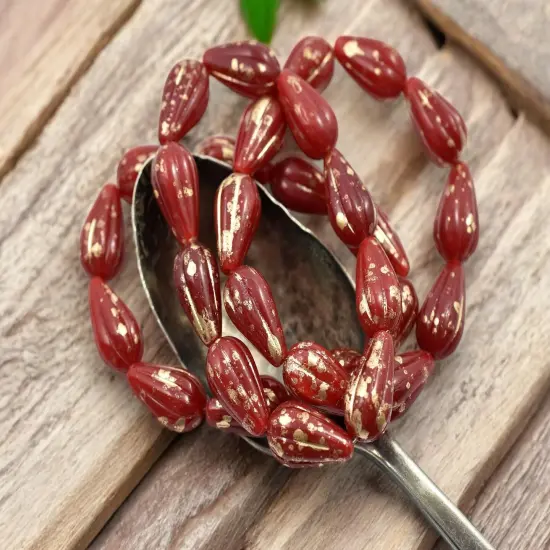 *10* 13x8mm Antique Gold Splattered Red Opaline Melon Drop Beads {2}