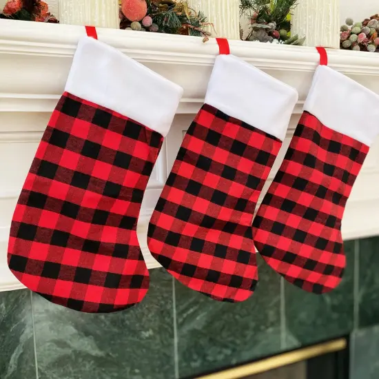 Wrapables Christmas Buffalo Plaid Stockings With Plush White Cuff, Hanging Fireplace Holiday Decoration (Set of 3), Red {4}