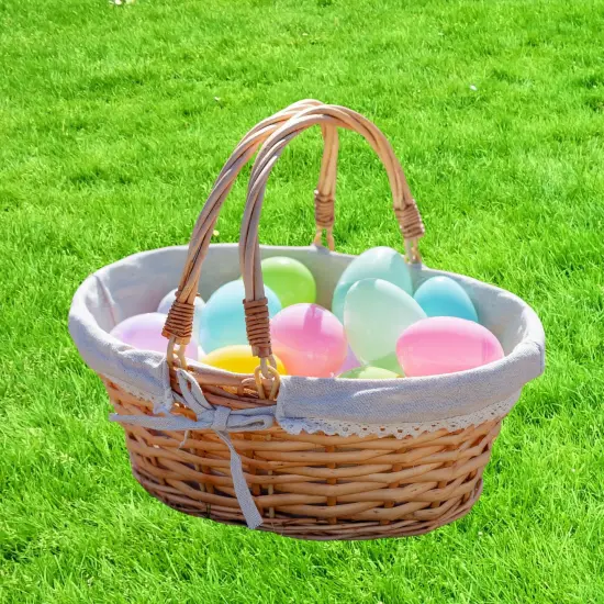 Wicker Basket with Handles Cloth Liner Easter Picnic Gift Beige {2}