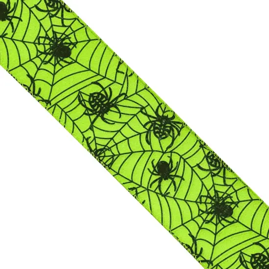 Designer&rsquo;s Shop WR 63-5098 Halloween Spider & Web Wired Ribbon &ndash; 2.5" x 10 Yards &ndash; Neon Green Black Print {2}