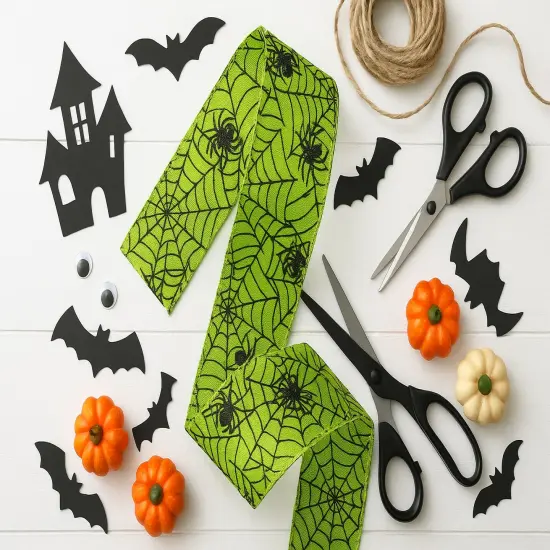 Designer&rsquo;s Shop WR 63-5098 Halloween Spider & Web Wired Ribbon &ndash; 2.5" x 10 Yards &ndash; Neon Green Black Print {5}