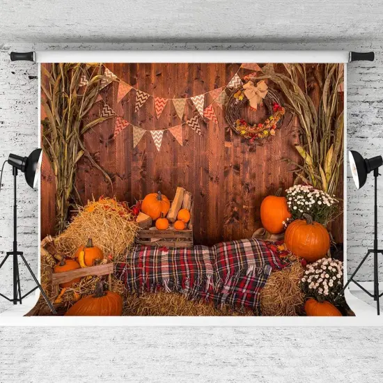 Fall Thanksgiving Photography Backdrop Rustic Wooden- 5x3ft Autumn Pumpkins {5}