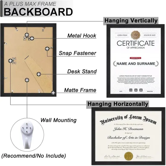Black 8.5 x 11 Frame, Engineered Wood Frame with Wood-grain for Display 8.5 by 11 Document Award Certificate Wall and Tabletop - 1 Pack/Black/8.5x11 {5}