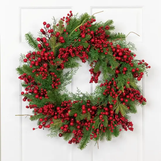 Northlight Cedar, Pine and Red Berries Artificial Christmas Wreath - 28" - Unlit Green {1}