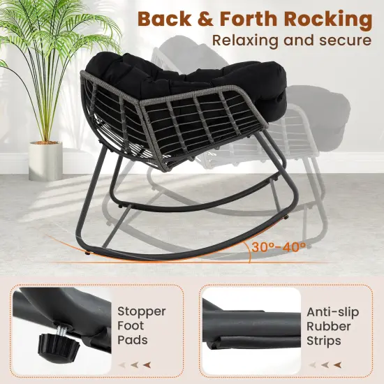 Rattan Metal Rocking Egg Chair with Cushion for Patio and Indoor Black {6}