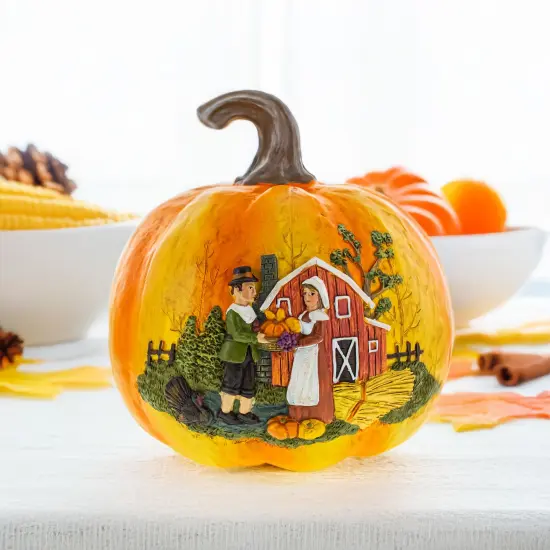 Harvest Pumpkin Pilgrim Scene Thanksgiving Decoration with Rustic Barn Design Figurine {3}