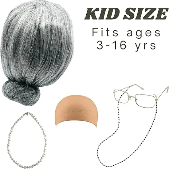 4E's Novelty Old Lady Costume for Kids - 5 Pcs Set for 100th Day of School Grandma Costume for Kids Girls, Gray Wig, Glasses with Chain, Wig Cap, Necklace {2}