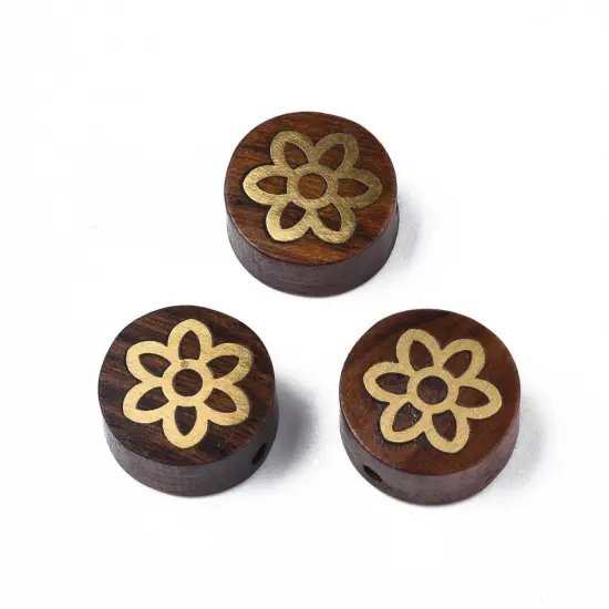 *5* 14x7mm Rosewood covered Brass Flower Coin Beads {4}