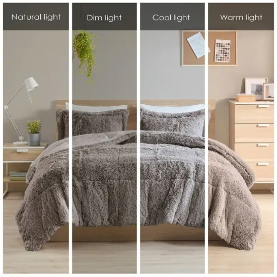 Grey Soft Sherpa Faux Fur 3-Piece Comforter Set with Pillow Shams {3}