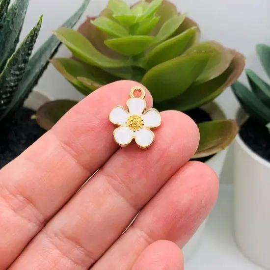 White and Gold Flower Charms, 16x13mm {2}