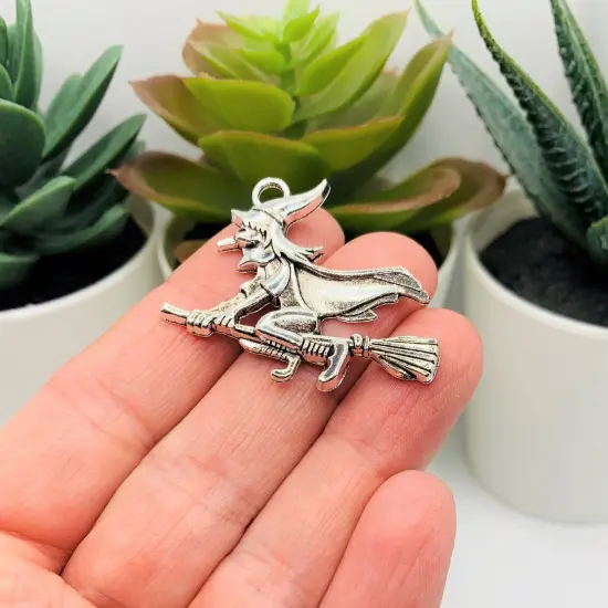 Silver Witch on Broom Halloween Charms, 30x37mm {2}