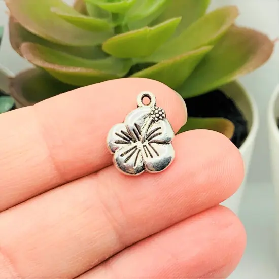 Silver Hibiscus Hawaiian Flower Charms, 16x13mm {2}