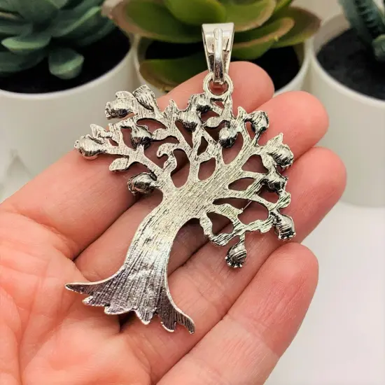 Large Silver Tree Pendant with Rhinestones, 69x50mm {3}