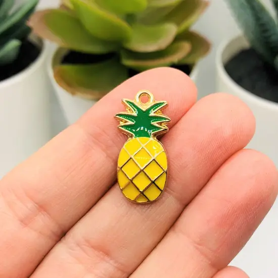 Yellow and Green Enamel Pineapple Charms with Gold Plating, 23x12mm {2}