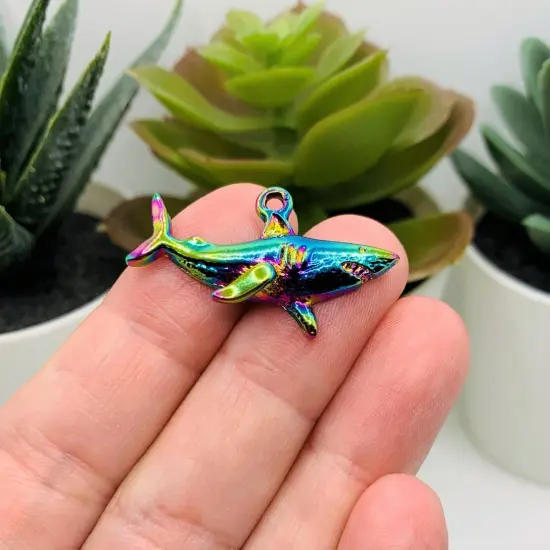 Rainbow Titanium Oil Slick Shark Charms, 19x32mm {3}