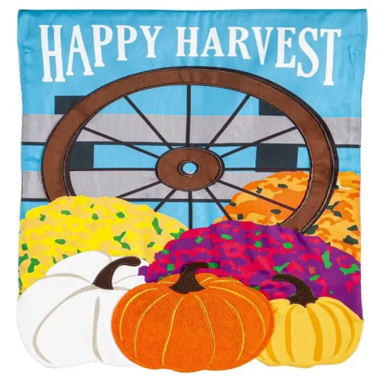 Happy Harvest Wagon Wheel Garden Flag 2 Sided Applique Pumpkins {1}