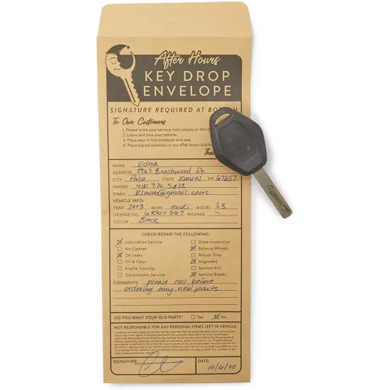 Key Drop Envelopes for After Hours Box, Car Mechanics (4.12 x 9.5 In, 200 Pack) Brown {7}