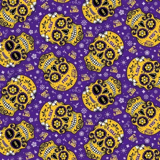 Licensed NCAA Louisiana State University Sugar Skulls LSU-1193 Cotton Fabric by the Yard {1}