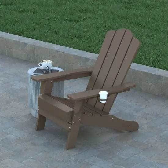 Emma and Oliver Tiverton Set of 2 Adirondack Chairs with Cup Holders, Weather Resistant HDPE Adirondack Chairs Brown {3}