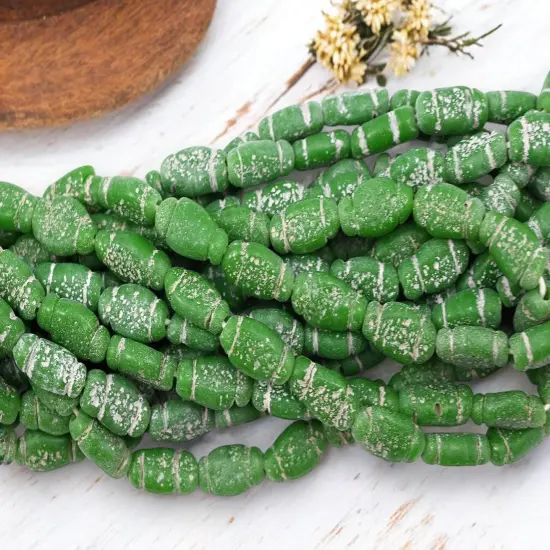 14x8mm Rustic Aged Opaque Green Indonesian Java Glass "Bottle" Beads (18" Strand) {2}