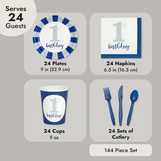 144-Piece Baby First Birthday Decorations and Tableware Sets - Nautical Blue (Serves 24) {5}