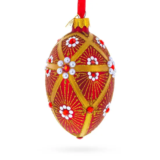 Red and Gold Floral Bejeweled Glass Egg Ornament 4 Inches {4}