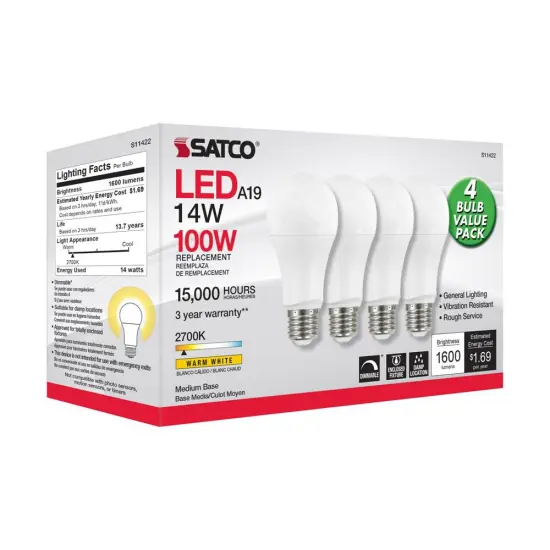 4Pk - Satco 14w 120v A19 LED E26 Base 1600L 2700k Warm White - 100w Equiv {2}