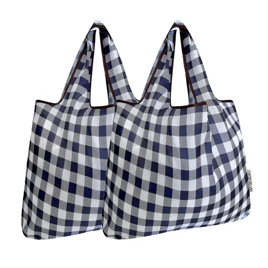 Wrapables Foldable Tote Nylon Reusable Grocery Bag (Set of 2), Black Checkers {1}