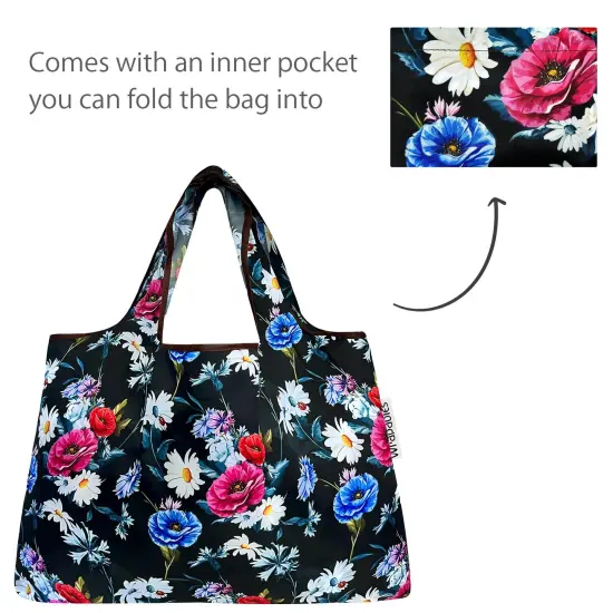 Wrapables Large Foldable Tote Nylon Reusable Grocery Bags, Midnight Bouquet {5}